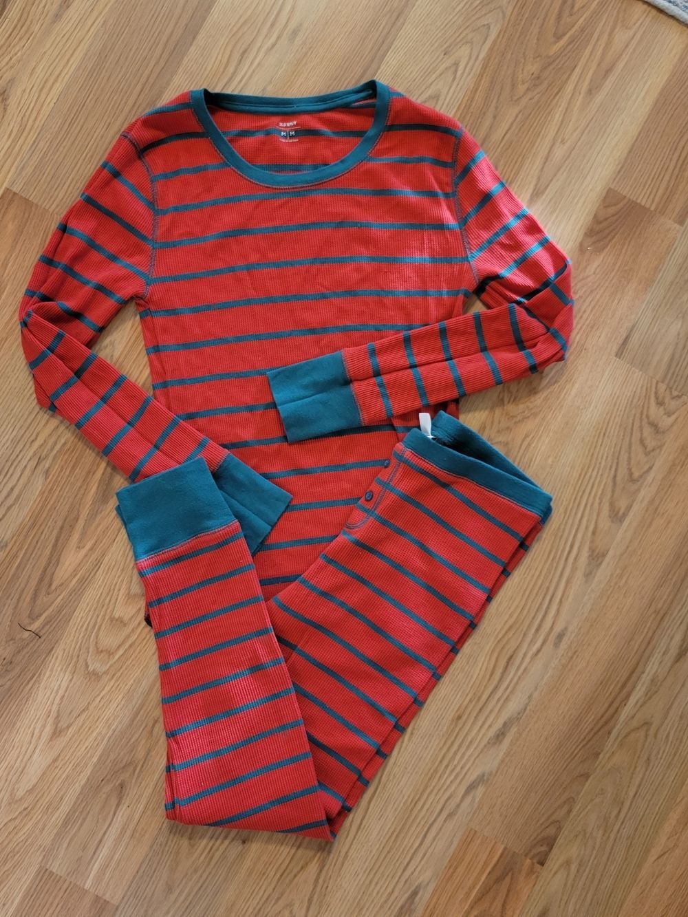 Christmas Red Green Striped Waffle Knit Pajama Set Thermal Matching PJ Size M